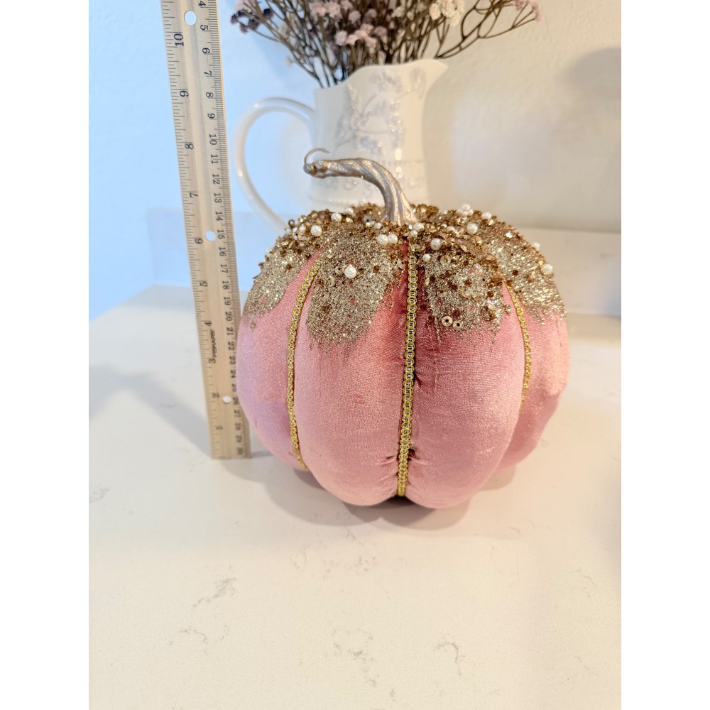 Pink Ceramic and Velvet Glam Decorative Pumpkin Set Gold Sequin Pearl Accents - Picture 6 of 7